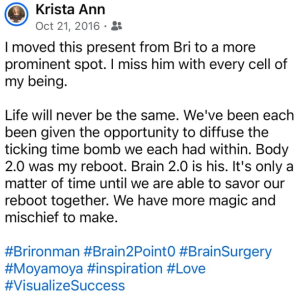 Screenshot 2026-07-03 155230 - Krista Hammerbacher Haapala | The Bliss Mystic Facebook post by Krista Ann (Oct 21, 2016) about moving to a new spot, missing 'him' and rebooting life with Brain 2.0, ending with hashtags like #BrainSurgery and #Inspiration.