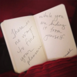 Open notebook on a red blanket with cursive text: left page reads 'there is no word to find your sorrow', right page 'while you are hiding it from yourself'.